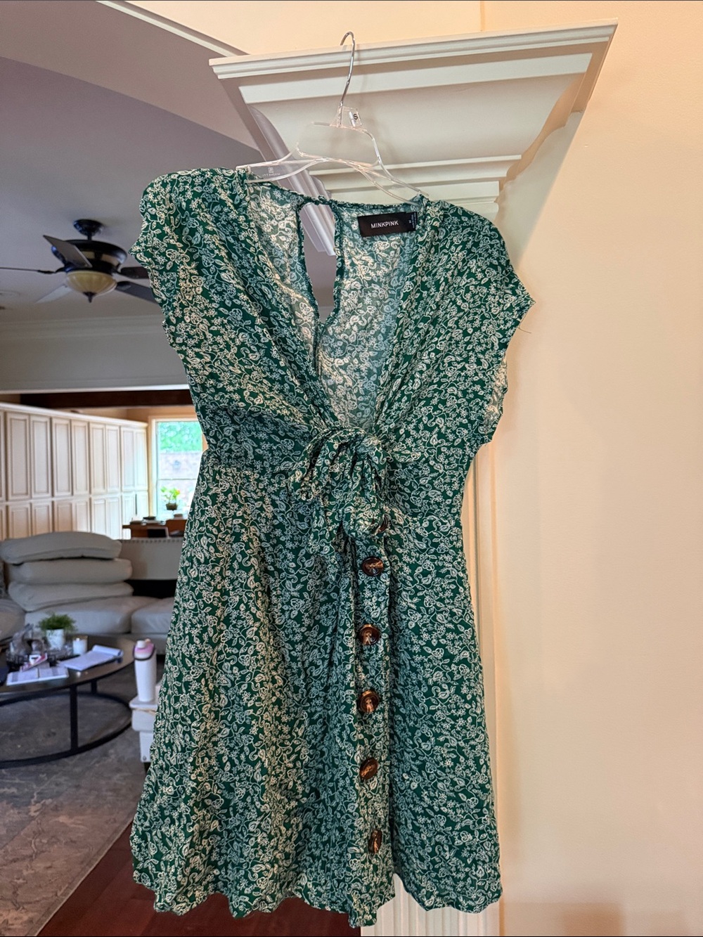 MINKPINK Green Floral Button-Front Tie-Waist Mini Dress